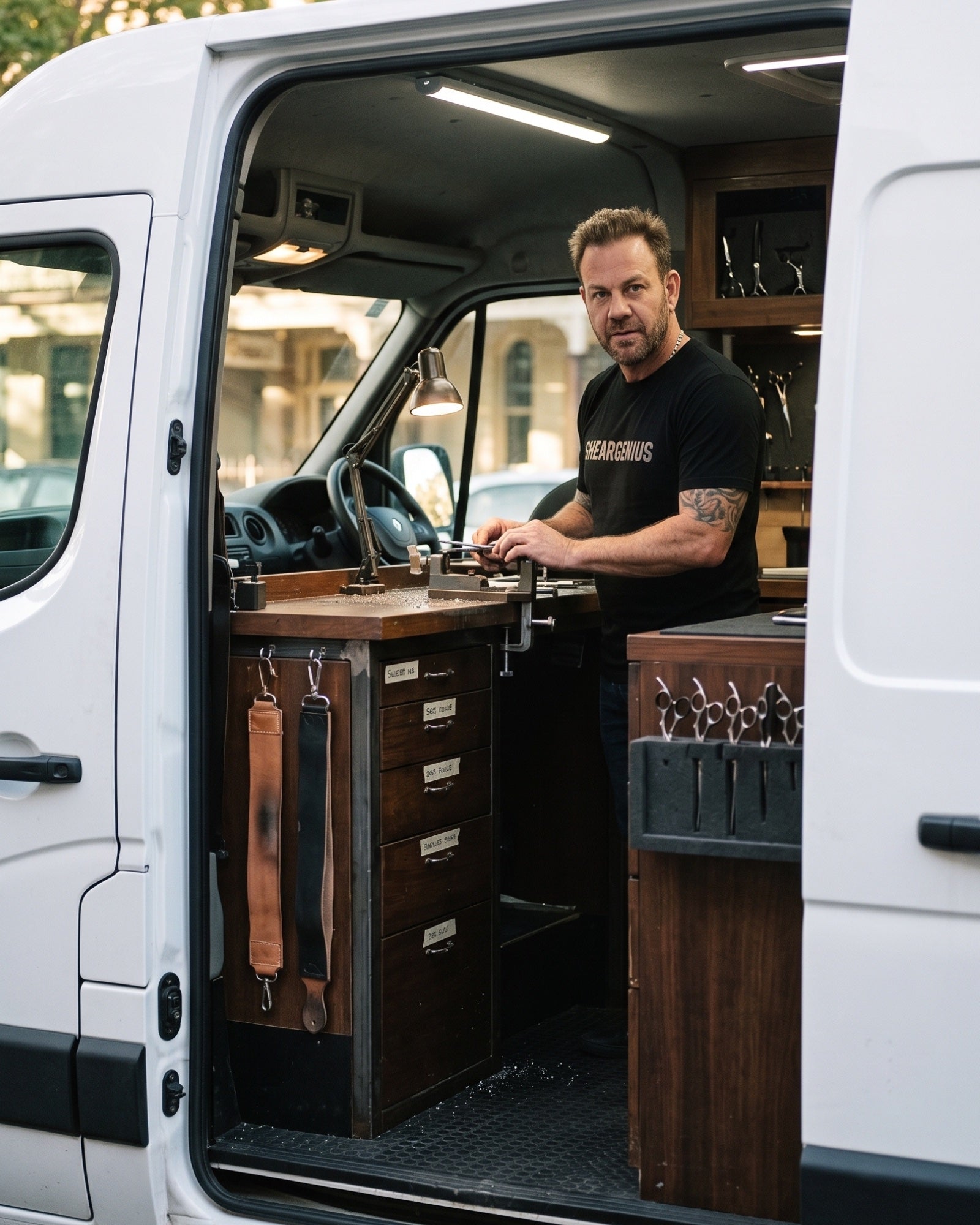 Matt Grumley sharpening scissors at the bench inside the ShearGenius van