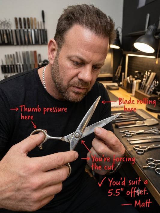 Matt Grumley reading the wear pattern on professional hairdressing scissors at his Lake Wendouree bench