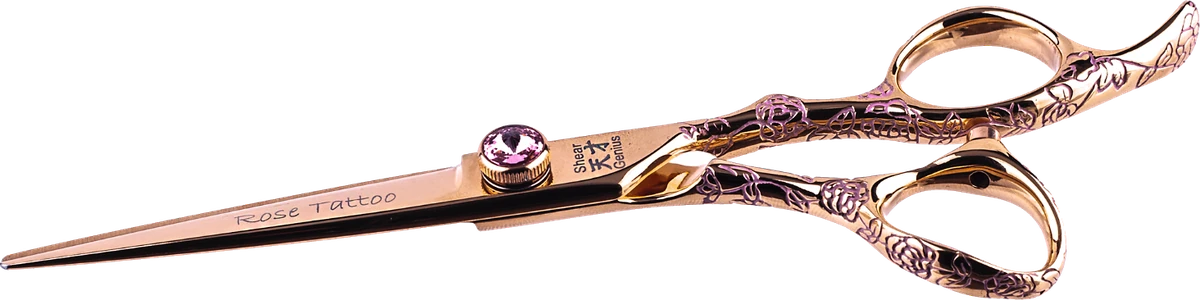 ShearGenius Rose Tattoo scissor in rose gold with hand-painted rose engraving, on sale in the pre-sale