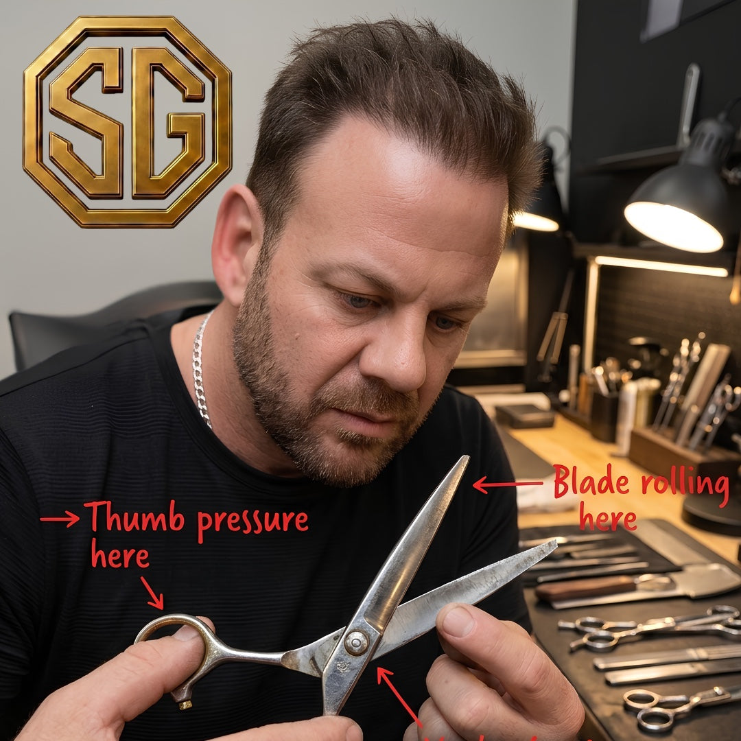 Matt Grumley reading the wear on a pair of scissors at his bench — thumb pressure, blade roll, forcing the cut. Verdict: a 5.5 inch offset.