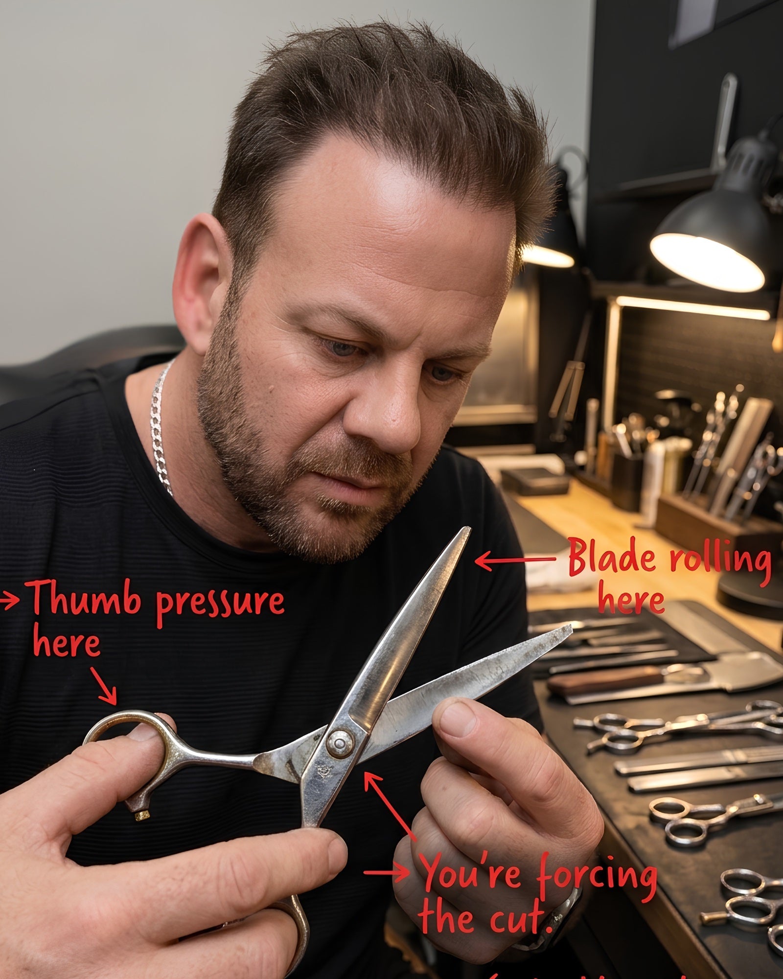 Matt Grumley reading the wear on a pair of scissors at his bench — thumb pressure, blade roll, forcing the cut. Verdict: a 5.5 inch offset.